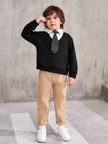 SHEIN Young Boy Contrast Collar Drop Shoulder 2 In 1 Pullover With Tie - Black - View 4