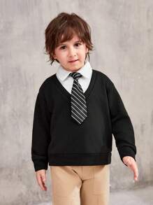 SHEIN Young Boy Contrast Collar Drop Shoulder 2 In 1 Pullover With Tie - Black - View 5
