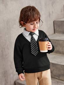 SHEIN Young Boy Contrast Collar Drop Shoulder 2 In 1 Pullover With Tie - Black - View 1