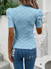 EMERY ROSE Eyelet Embroidery Puff Sleeve Mock Neck Tee