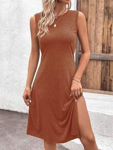 SHEIN LUNE Solid Split Thigh Tank Dress - Burnt Orange - View 3