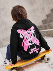 SHEIN Young Boy Slogan & Cartoon Graphic Hoodie