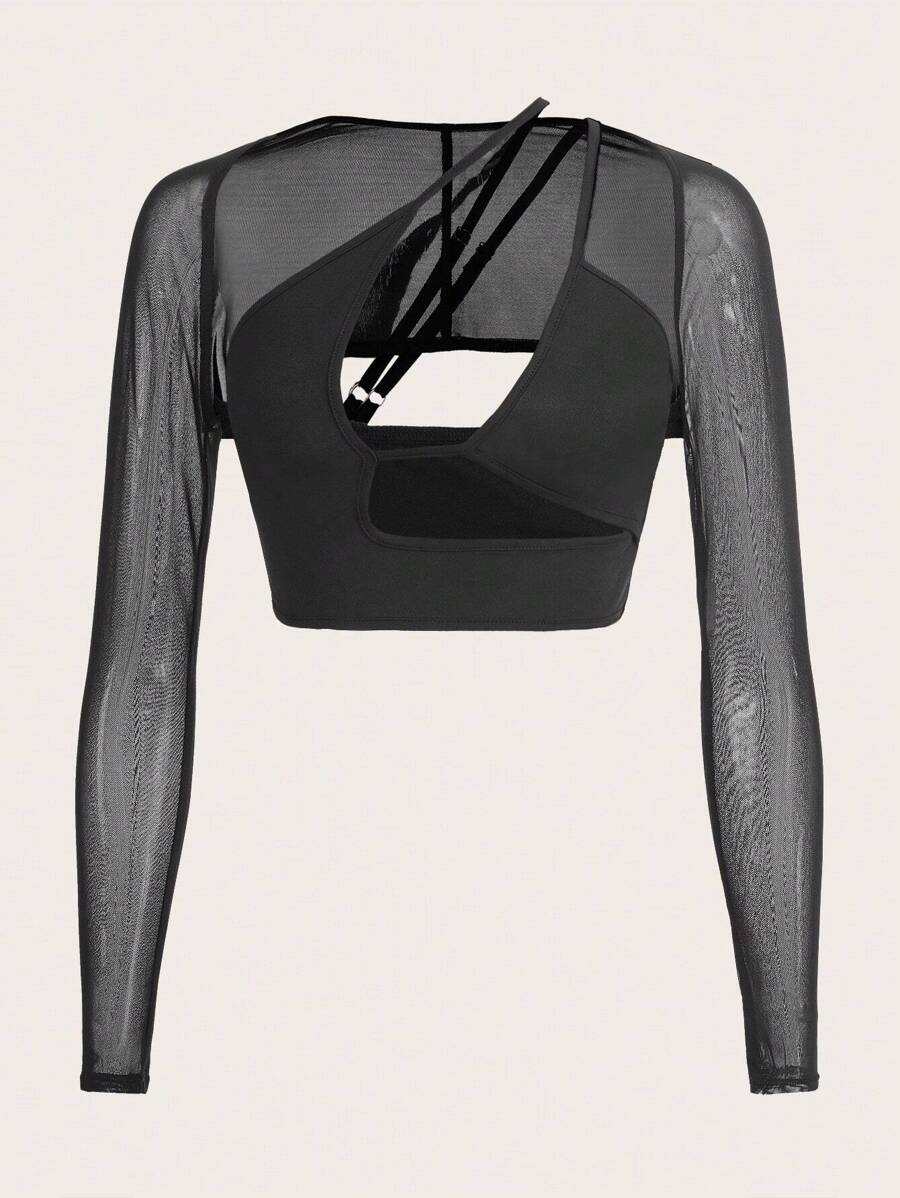SHEIN ICON 素色網紗短款上衣&不對稱領上衣 - 黑色 - 查看 1