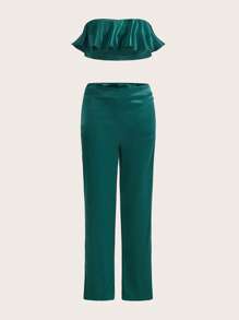 SHEINNeu Viền Ruffle Ống ngọn & Quần - Màu xanh lá cây đậm - Xem 1