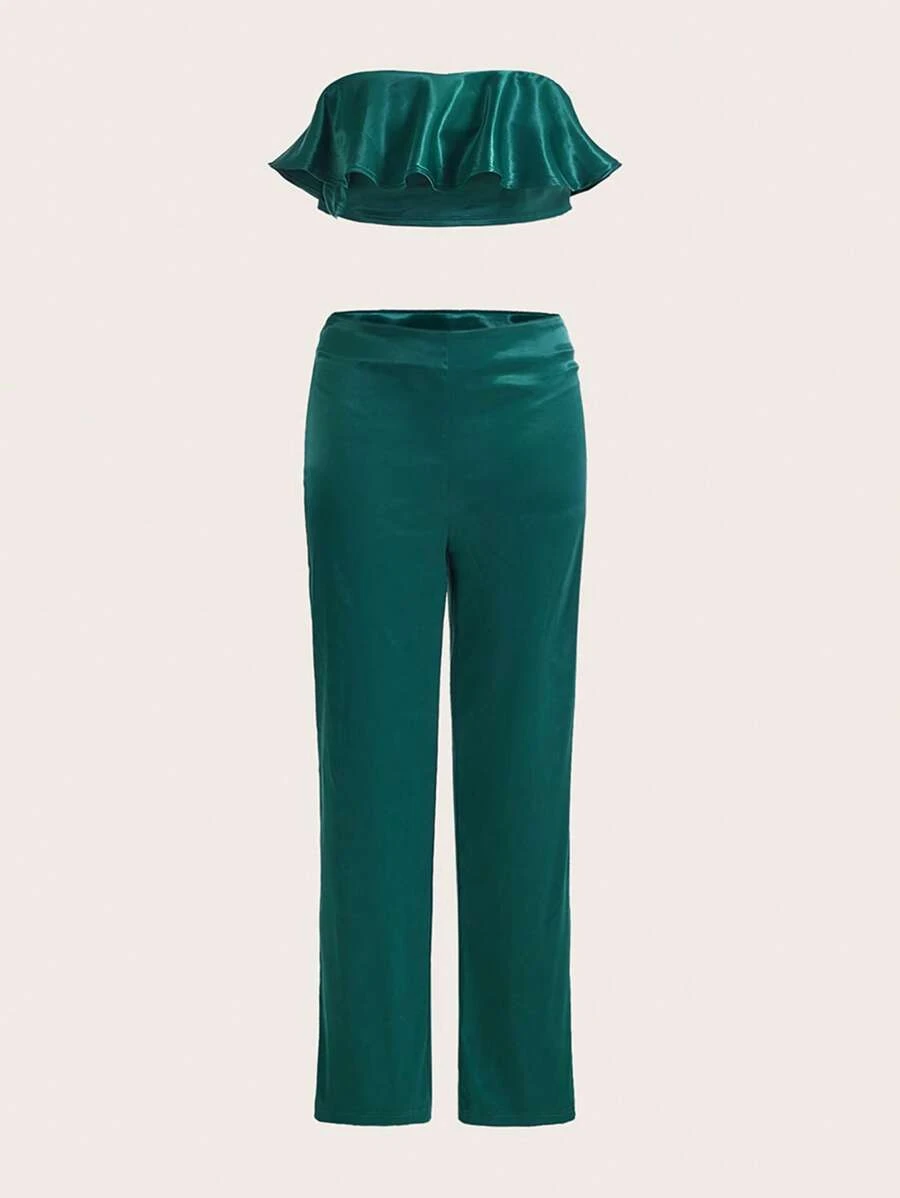 SHEINNeu Viền Ruffle Ống ngọn & Quần - Màu xanh lá cây đậm - Xem 1