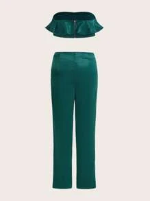 SHEINNeu Viền Ruffle Ống ngọn & Quần - Màu xanh lá cây đậm - Xem 2