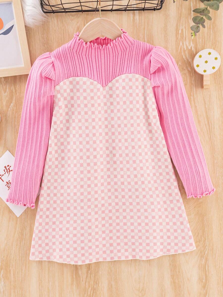 SHEIN 女小童棋盤格圖案泡泡袖小高領毛衣洋裝 - 粉色 - 查看 1