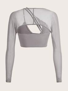 SHEIN ICON Solid Crop Mesh Top & Asymmetrical Neck Crop Top - Grey - View 2