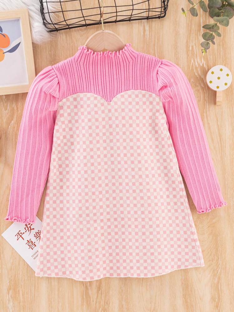 Young Girl Checker Pattern Puff Sleeve Mock Neck Sweater Dress