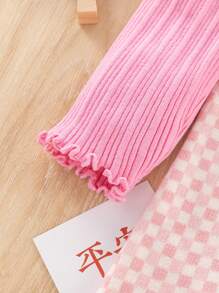 SHEIN 女小童棋盤格圖案泡泡袖小高領毛衣洋裝 - 粉色 - 查看 4