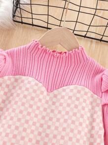 SHEIN 女小童棋盤格圖案泡泡袖小高領毛衣洋裝 - 粉色 - 查看 5