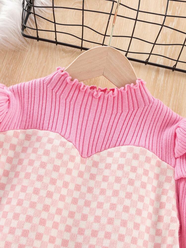 Young Girl Checker Pattern Puff Sleeve Mock Neck Sweater Dress