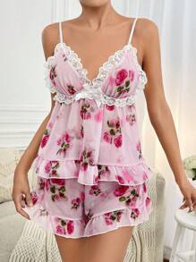 Floral Print Contrast Lace Ruffle Hem PJ Set - Pink - View 3