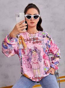 Thiếu niên cô gái Chữ cái & Đồ họa hoạt hình Thả vai Áo nỉ - Nhiều màu - Xem 1