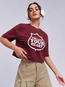 SHEINNeu Slogan Graphic Drop Shoulder Crop Sports Tee - Burgundy - View 1