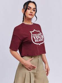 SHEINNeu Slogan Graphic Drop Shoulder Crop Sports Tee - Burgundy - View 3