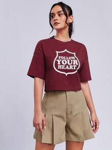 SHEINNeu Slogan Graphic Drop Shoulder Crop Sports Tee - Burgundy - View 5