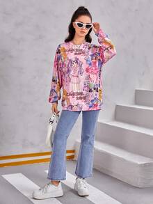 Thiếu niên cô gái Chữ cái & Đồ họa hoạt hình Thả vai Áo nỉ - Nhiều màu - Xem 4