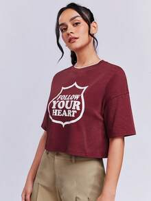 SHEINNeu Slogan Graphic Drop Shoulder Crop Sports Tee - Burgundy - View 6