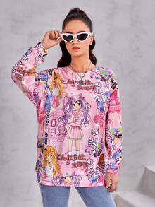 Thiếu niên cô gái Chữ cái & Đồ họa hoạt hình Thả vai Áo nỉ - Nhiều màu - Xem 5