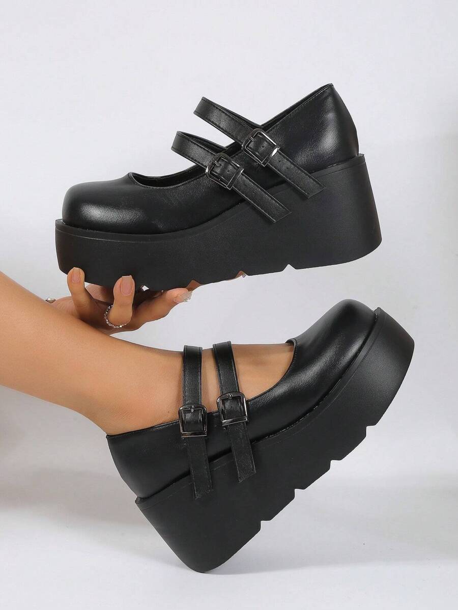 瑪麗珍女鞋風格戶外厚防水台坡跟跟單鞋帶PU皮革和搭扣帶適合女士 - 黑色 - 查看 1