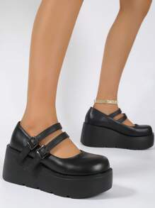 瑪麗珍女鞋風格戶外厚防水台坡跟跟單鞋帶PU皮革和搭扣帶適合女士 - 黑色 - 查看 6