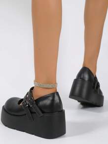 瑪麗珍女鞋風格戶外厚防水台坡跟跟單鞋帶PU皮革和搭扣帶適合女士 - 黑色 - 查看 3