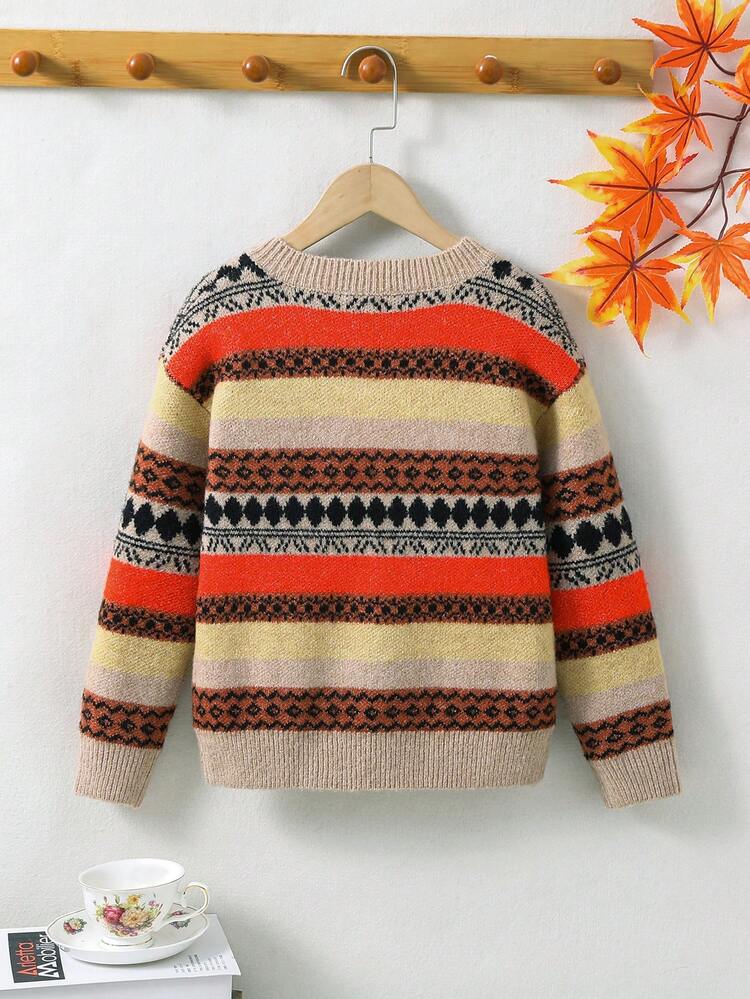 Tween Girl Geo Pattern Drop Shoulder Sweater