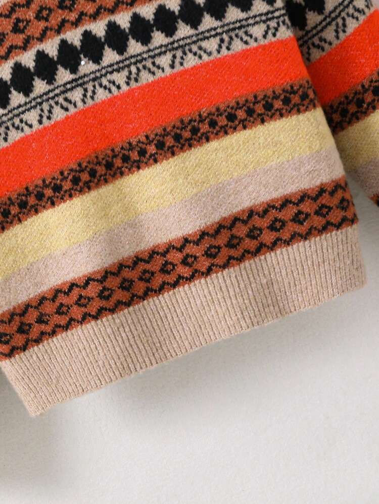 Tween Girl Geo Pattern Drop Shoulder Sweater