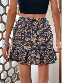 SHEIN VCAY 印花褶邊荷葉邊半身裙 - 藏蓝色 - 查看 2