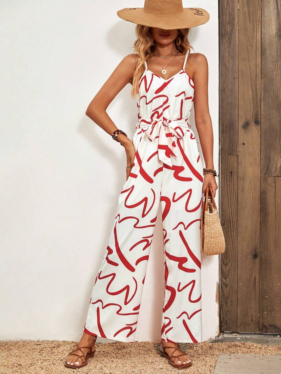 SHEIN Clasi 圖案印花腰帶吊帶連體褲 - 紅白色 - 查看 1