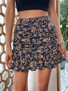 SHEIN VCAY 印花褶邊荷葉邊半身裙 - 藏蓝色 - 查看 1