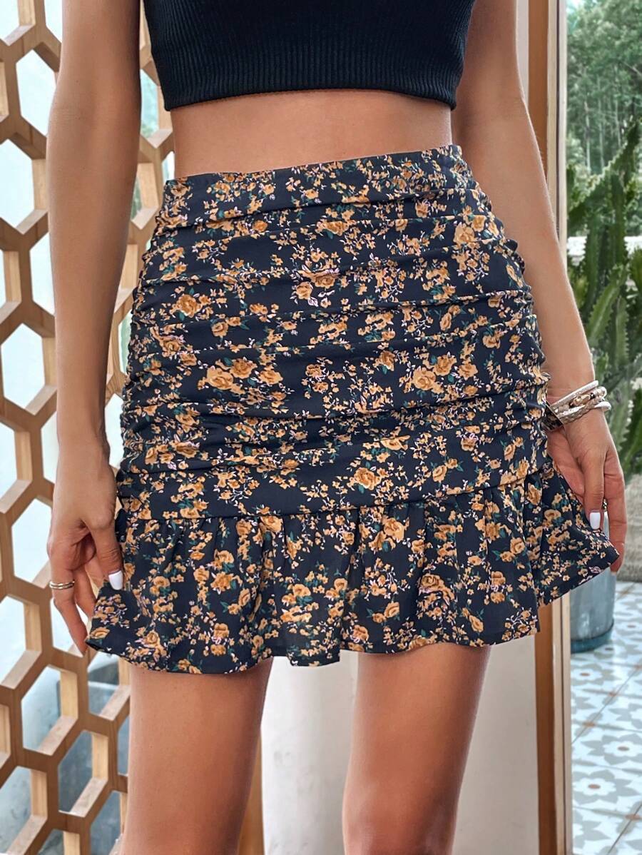 SHEIN VCAY 印花褶邊荷葉邊半身裙 - 藏蓝色 - 查看 1