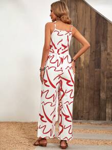 SHEIN Clasi 圖案印花腰帶吊帶連體褲 - 紅白色 - 查看 2
