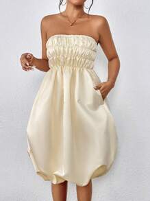 SHEIN Privé فستان انوب موحدة اللون تجاعيد - لون مشمشي - مشاهدة 4