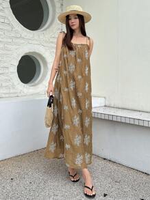 DAZY 印花肩上打結吊帶連衣裙 - 卡其色 - 查看 3