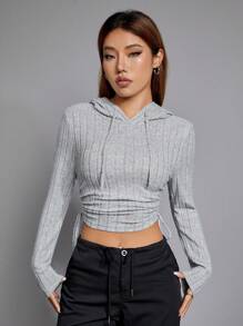 SHEIN EZwear Sudadera con capucha de manga larga, recortada, con cordón y costillas anchas grises, para otoño e invierno - Gris Claro - Ver 7