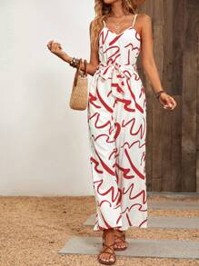 SHEIN Clasi 圖案印花腰帶吊帶連體褲 - 紅白色 - 查看 6