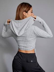 SHEIN EZwear Sudadera con capucha de manga larga, recortada, con cordón y costillas anchas grises, para otoño e invierno - Gris Claro - Ver 3
