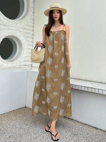 DAZY 印花肩上打結吊帶連衣裙 - 卡其色 - 查看 4