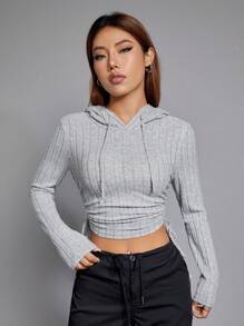 SHEIN EZwear Sudadera con capucha de manga larga, recortada, con cordón y costillas anchas grises, para otoño e invierno - Gris Claro - Ver 2
