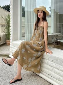 DAZY 印花肩上打結吊帶連衣裙 - 卡其色 - 查看 5