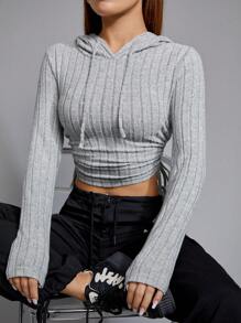 SHEIN EZwear Sudadera con capucha de manga larga, recortada, con cordón y costillas anchas grises, para otoño e invierno - Gris Claro - Ver 4