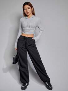 SHEIN EZwear Sudadera con capucha de manga larga, recortada, con cordón y costillas anchas grises, para otoño e invierno - Gris Claro - Ver 5