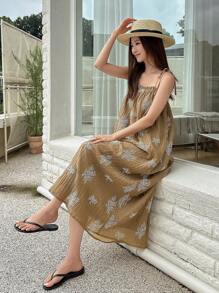 DAZY 印花肩上打結吊帶連衣裙 - 卡其色 - 查看 6