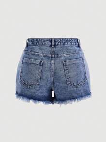 SHEIN EZwear CURVE 大碼破洞毛邊牛仔短褲 - 淺色水洗藍 - 查看 2