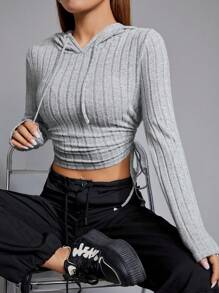 SHEIN EZwear Sudadera con capucha de manga larga, recortada, con cordón y costillas anchas grises, para otoño e invierno - Gris Claro - Ver 6