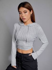 SHEIN EZwear Sudadera con capucha de manga larga, recortada, con cordón y costillas anchas grises, para otoño e invierno - Gris Claro - Ver 8