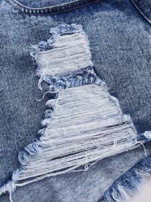 SHEIN EZwear CURVE 大碼破洞毛邊牛仔短褲 - 淺色水洗藍 - 查看 4