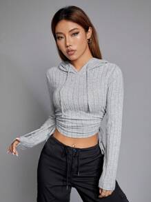 SHEIN EZwear Sudadera con capucha de manga larga, recortada, con cordón y costillas anchas grises, para otoño e invierno - Gris Claro - Ver 9